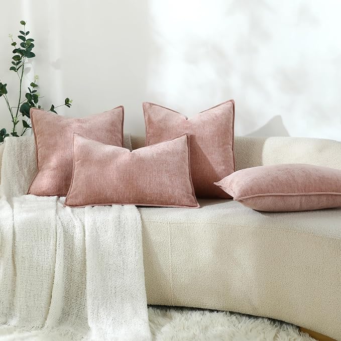 Stellhome Set of 2 Pink Decorative Pillow Covers Super Soft TextureLumbar Chenille Throw Pillow Covers Accent Solid Cushion Cover for Couch Sofa Bedroom Living Room 12x20 Inch