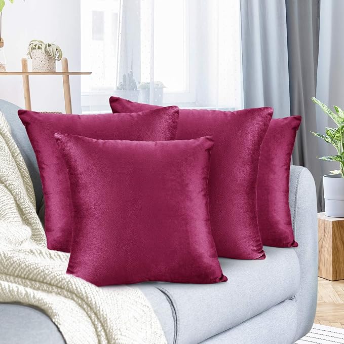 Nestl Throw Pillow Covers, Cozy Velvet Decorative Outdoor Pillow Covers 18X18 Inches, Soft Solid Cushion Covers for Sofa, Bed and Car, Set of 4 - Magenta