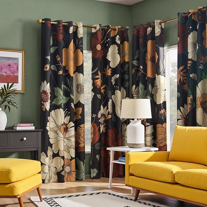 jinchan Black Boho Floral Blackout Curtains 84 Inch Grommet 4 Panels | Room darkening, Vintage, living room, bedroom, privacy, floral print, flower pattern, fall decor, window treatments