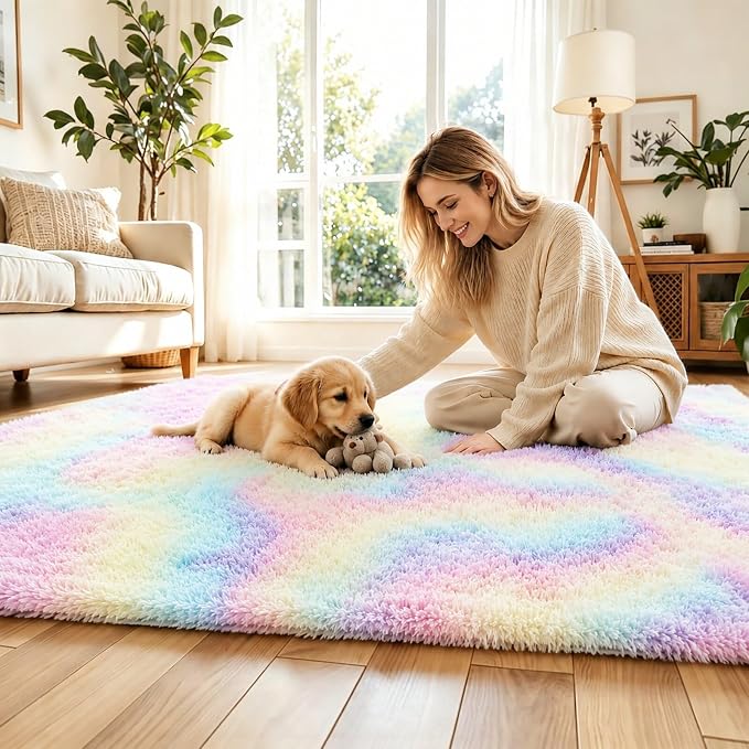 8x10 Area Rugs for Bedroom Living Room Fluffy, Large Area Rug Shag Shaggy Carpet Soft Plush Furry Bedside Rug, Machine Washable Area Rugs for Kids Girls Boys Home Decor(8 x 10, Rainbow)