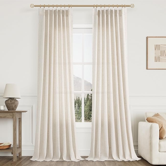 Aersas Natural Cream Pleated Linen Curtains 94 Inches Long for Living Room Bedroom Pinch Pleat with Hooks Back Tab Light Filter Boho Farmhouse Custom Semi Sheer 94 Inch Curtain for Sliding Door