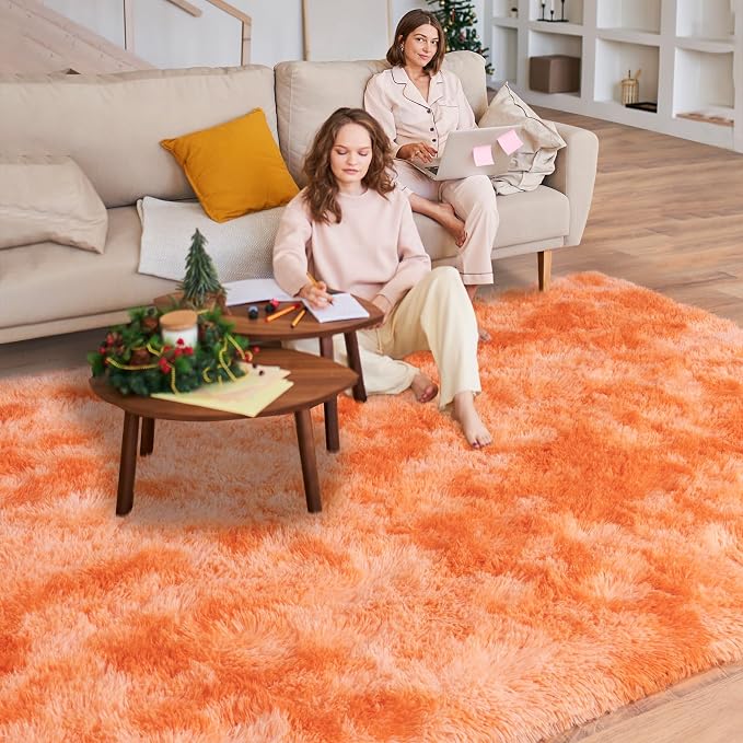 5x7 Area Rugs for Living Room, Orange Tie-Dyed Plush Fluffy Carpet | Upgrade Non-Slip Thick Large Orange Area Rug for Nursery Kids Room Dorm Room Home Decor, Indoor Plush Floor Carpet