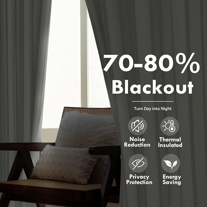 DriftAway Farmhouse Stripe Blackout Curtains, W52xL63, Gray | Blackout, Linen Texture, Stripe Pattern, Rod Pocket & Back Tab, Two Layers, Bedroom Living Room Use, Sound Reducing Design