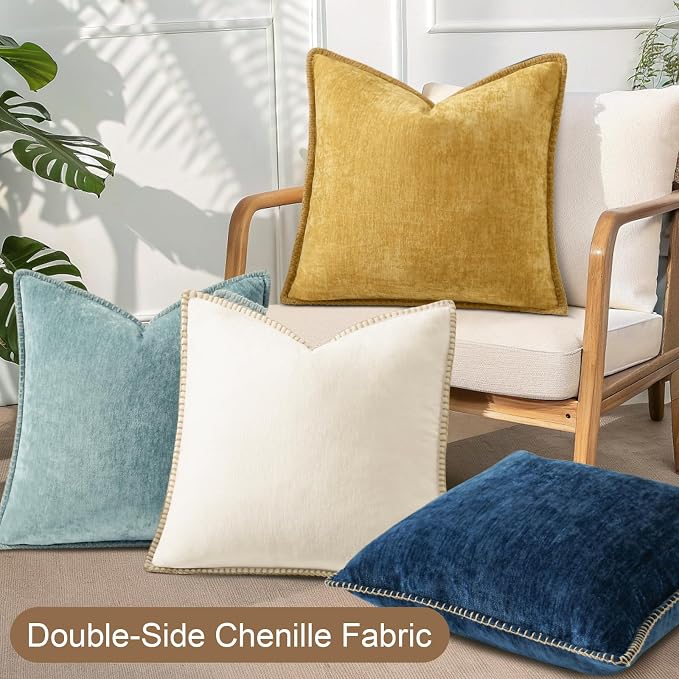 decorUhome Fall Soft Decorative Chenille Throw Pillow Covers 18x18 Set of 4 | Aqua Blue Cozy Decorative Modern Farmhouse Neutral Pillow Cases with Stitched Edge for Couch Sofa Bed Living Room Home Decor
