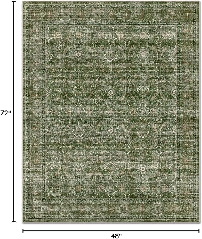 Washable 4x6 Rugs, Boho Vintage Non-Slip Distress Rugs, Red/Brown | 0.3" Neutral Throw Rugs for Bedroom Kitchen Nursery Living Room, Cushioned Area Rug for High-traffic