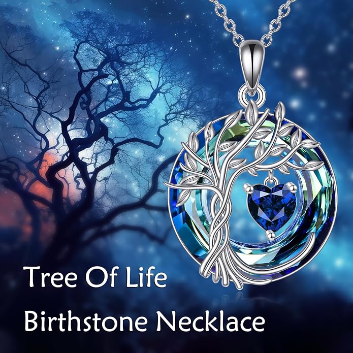 POPLYKE Mothers Day Gifts for Mom Her Wife Tree of Life Necklace 925 Sterling Silver Birthstone Pendant with Crystal Anniversary Birthday Wedding Jewelry for Women