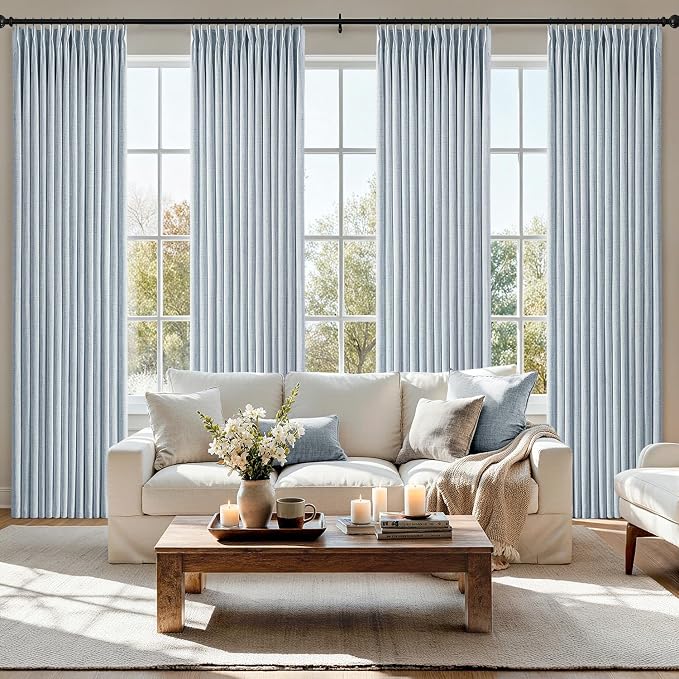 MIULEE Pinch Pleated Thick Linen Curtains 96 Inch 4 Panels Set Back Tab Memory Trained Pinch Pleat Semi Sheer Light Filtering Privacy Let Light in Window Drapes for Living Room Bedroom Chambray Blue