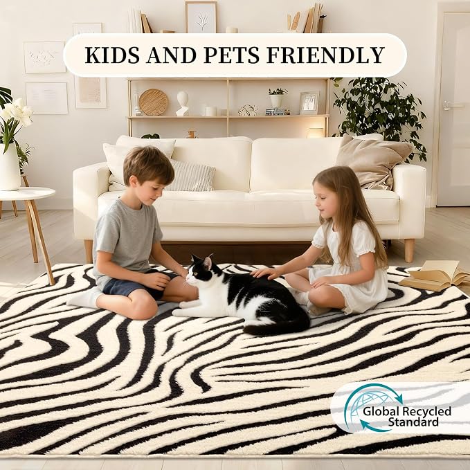 YIHOUSE Zebra Entryway Rugs 3×5: Modern Washable Non-Slip Small Area Rug | Black and Cream White Stripe, Textured High Low Pile, Fluffy Soft, Floor Carpet for Bedroom, Nursery, Living Room, Kids Room