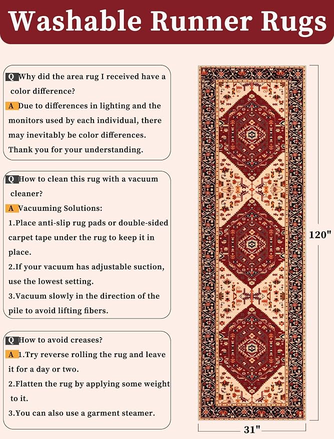 SERISSA Runner Rug for Hallways, 2'6"x10' Washable Non Slip Kitchen Runner Rug, Long Boho Rug Vintage Red Black Hallway Stair Ultra Soft Print Floor Carpet for Bedroom Bathroom Laundry Room