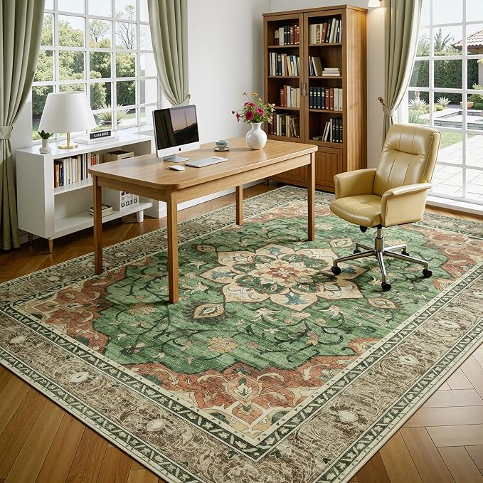 Lessymo Washable Area Rug for Living Room,9x12 Large Rugs with Non-Slip Backing,Soft Boho Carpets for Bedroom Dining Room Nursery Home Office,Light Orange