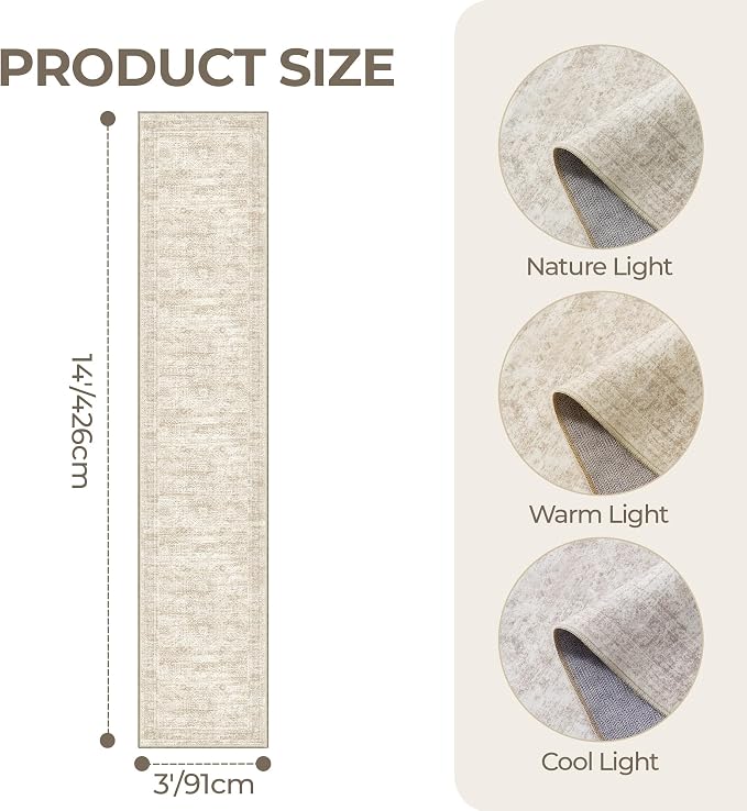 3x14 Runner Rug Non Slip,Washable Hallway Runner Rug,Beige | 14 ft Runner Rug for Hallway,Entryway,Bedroom,Living Room,Thin,Soft, Extra Long Rug,Stain Resistant Indoor Carpet