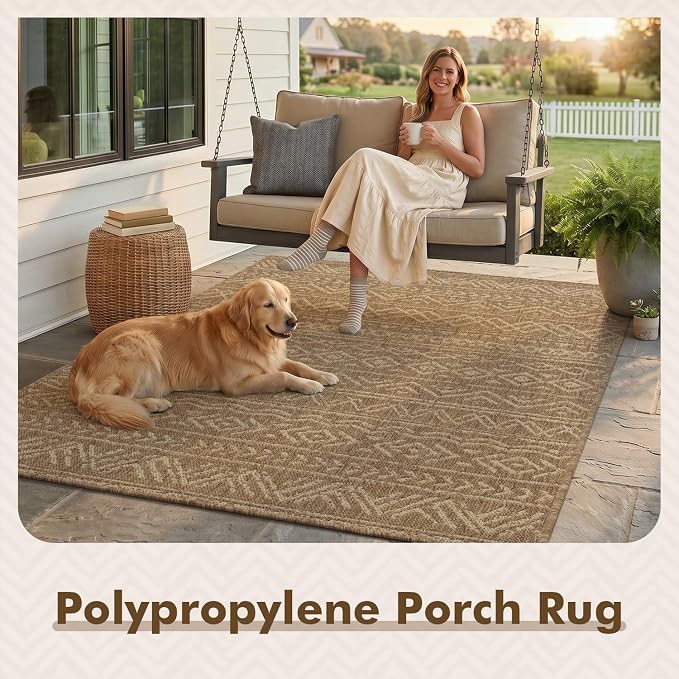 MontVoo-Outdoor Rug-Patio Rug 4x6 Polypropylene Indoor Outdoor Rugs Outdoor Carpet for Patio Deck Balcony Porch, Textured Weave, Durable for High Traffic, Fade-Resistant, Boho Farmhouse Neutral Brown