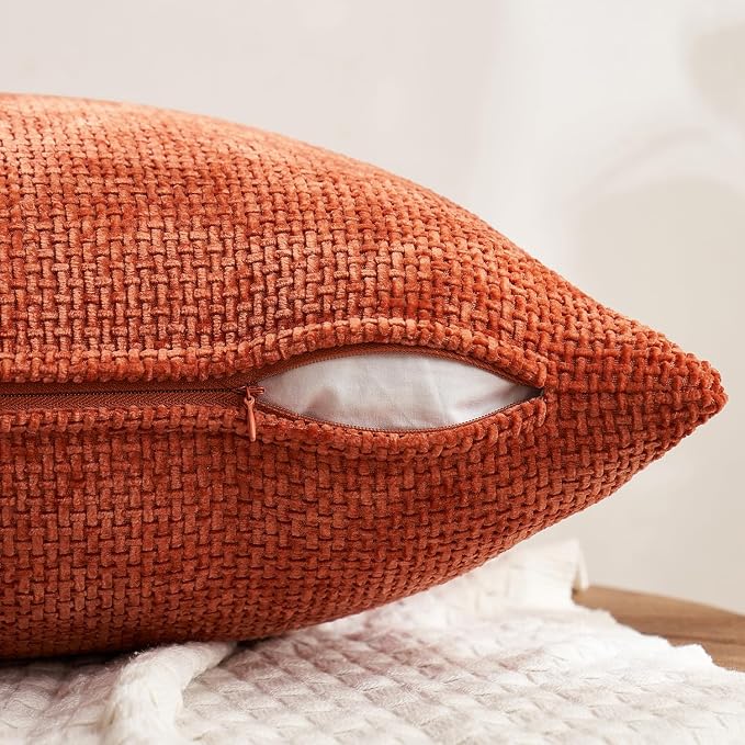 MIULEE Pack of 4 Couch Throw Pillow Covers 18x18 Inch Burnt Orange Soft Decorative Chenille Pillow Covers Farmhouse Accent Cushion Covers for Boho Fall Home Decor Sofa Bedroom Living Room