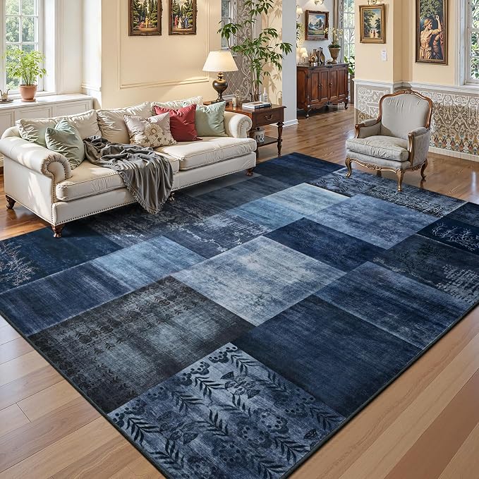 DweIke Washable Area Rugs 4x6 for Living Room, Modern Geometric Navy Blue Soft Patchwork Carpet, Non-Slip Stain Resistant Throw Rug for Bedroom Dining Room Office Home Decor