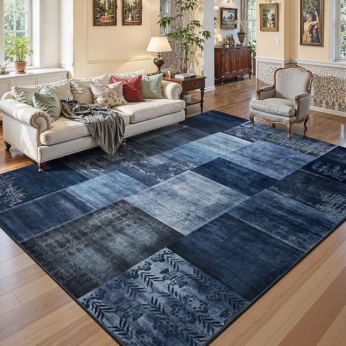 DweIke Washable Area Rugs 5x7 for Living Room, Modern Geometric Navy Blue Soft Patchwork Carpet, Non-Slip Stain Resistant Throw Rug for Bedroom Dining Room Office Home Decor