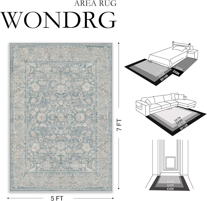 2x8 Blue Washable Runner Rug Non Slip Retro Distressed Carpet | Soft Low Pile, Lightweight Foldable, Pet Friendly, Hallway, Kitchen, Bathroom, Front Door, Beside Bed
