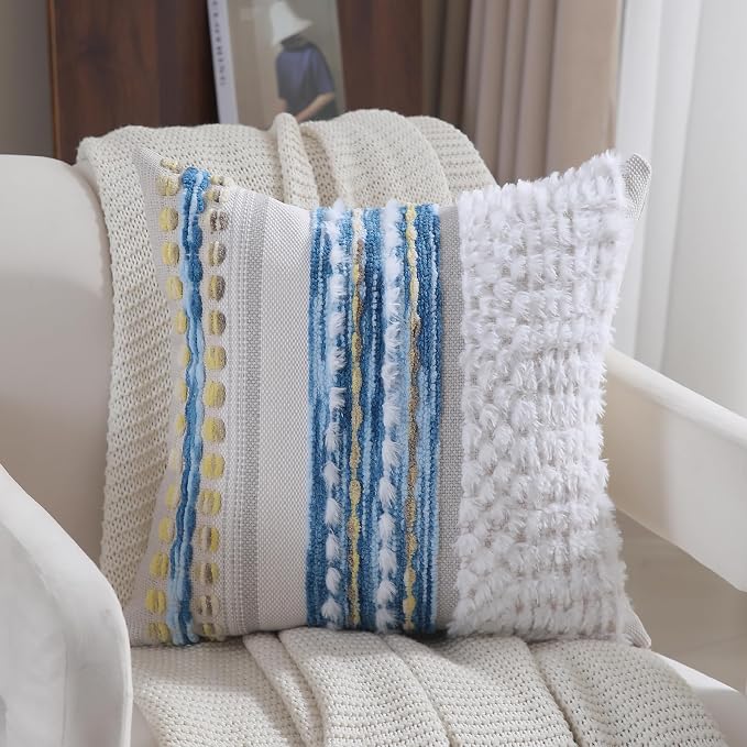Boho Throw pillow covers 18x18 set of 2 farmhouse decorative Couch pillow covers neutral Accent throw pillows covers striped outdoor cushion covers square textured chenille pillow cases for sofa bed
