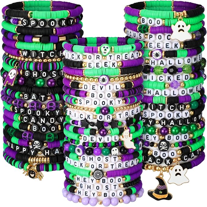 Landical 64 Pcs Halloween Bracelets Bulk for Women Vinyl Disc Clay Party Favor Bracelet Pack Halloween Beaded Accessories Jewelry for Goody Bag Fillers Party Supplies