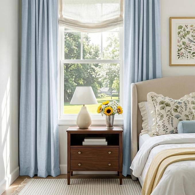 100% Blackout Shield Chambray Blue Linen Blackout Curtains for Bedroom 90 Inches Long, Back Tab/Rod Pocket Living Room Drapes, Thermal Insulated Blackout Curtains 2 Panels Set, 50" W x 90" L