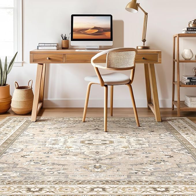 8x10 Area Rugs Living Room: Washable Boho Large Neutral Vintage Soft Rug Stain Resistant Farmhouse Non-Slip Indoor Floor Carpet for Bedroom Nursery Kids Playroom Office Dining Room- Beige Grey