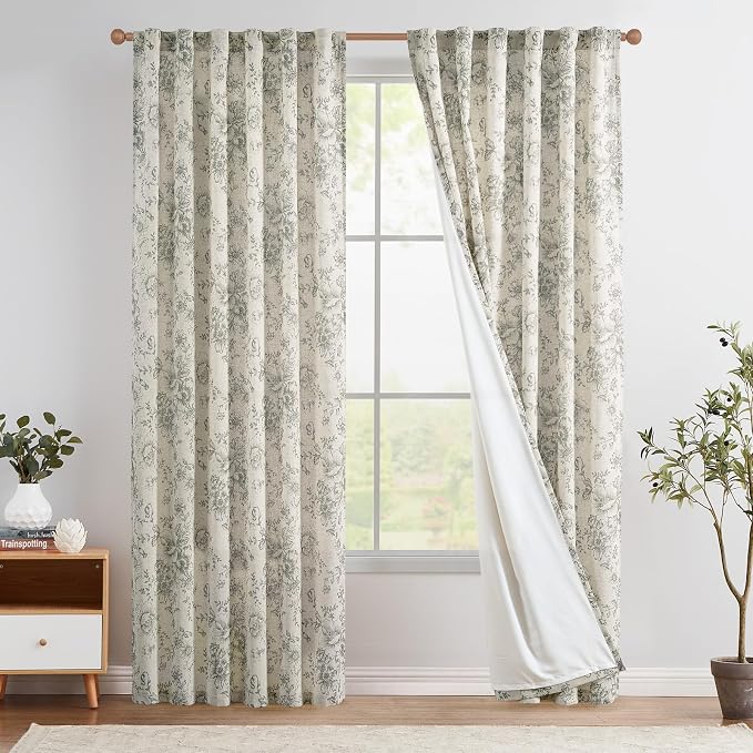 jinchan Floral Linen Curtains Lined 108 Inch Farmhouse Back Tab 2 Panels | Privacy lining, light filtering drapes, vintage, cottagecore, french country, rustic, bedroom, living room, window treatment
