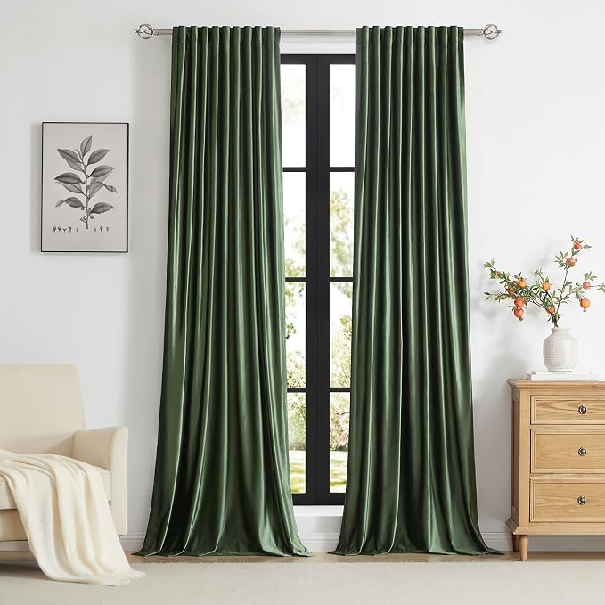 100% Full Blackout Olive Green Velvet Curtains 90 inch Long for Living Room,Set of 2 Liner Rod Pocket Back Tab Thermal Window Curtains Room Darkening Heavy Decorative Curtains Drapes for Bedroom