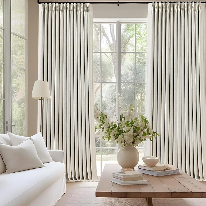 IVAPUPU Natural Linen Blend Pinch Pleated Full Blackout Curtains for Bedroom - 2 Pages Black Out Curtains 112 Inch Long 2 Panel for Living Room Darkening Thermal Window Curtain Drapes with 16pc Hooks