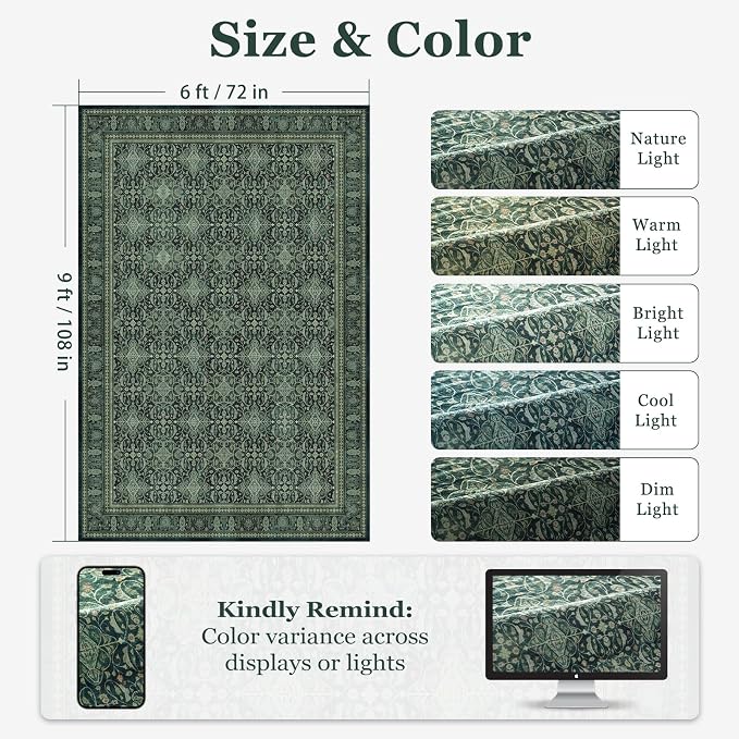 Dark Green 6x9 Area Rugs Washable, Vintage Boho Floral Moroccan Pattern Printed Carpet Rug for Living Room Bedroom, Low Pile Thin Room Rug with Rubber Backing Non Slip for Dining Room Office
