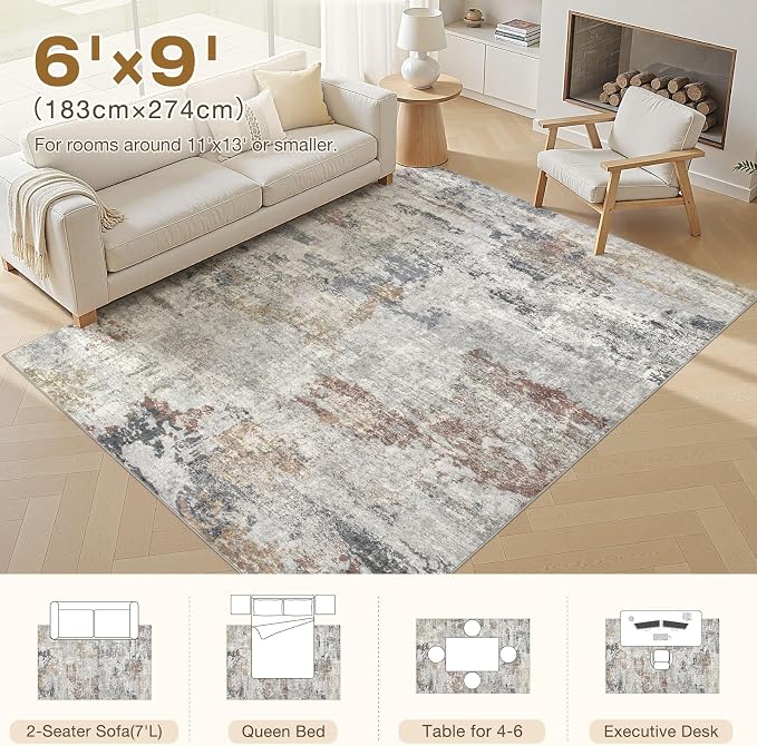 DMOYEST 6x9 Area Rug - Washable & Non Slip Indoor Rug for Living Room, Kid & Pet Friendly Abstract Low Pile Soft Carpet for Bedroom and Dining Room - Grey/Orange/Yellow