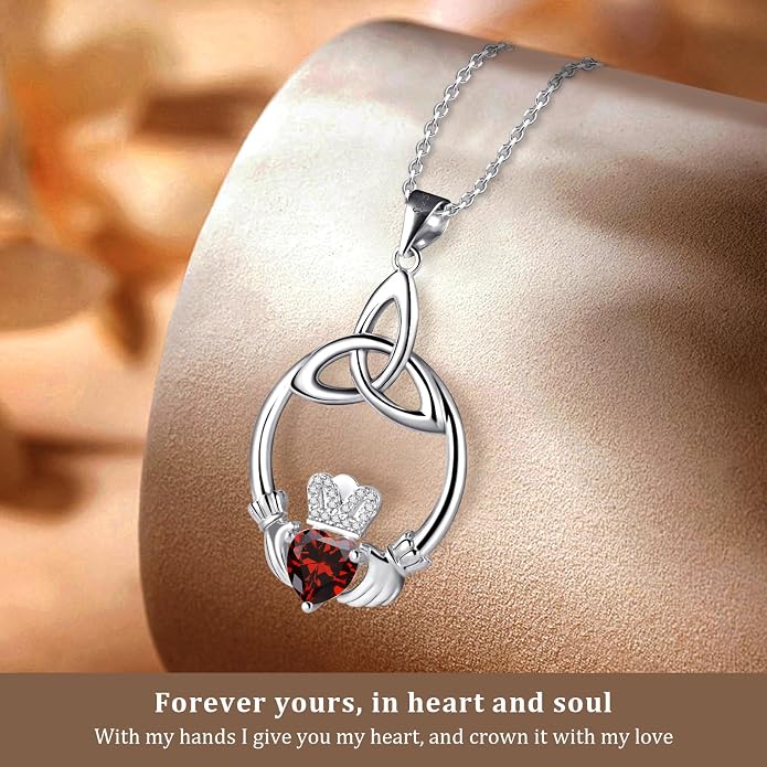Gift Birthstone Necklaces for Women 925 Sterling Silver Irish Claddagh Necklace for Women Heart Birthstone Pendant Necklace Anniversary Birthday Gifts for Wife Lady Cable Chain 18"+2"