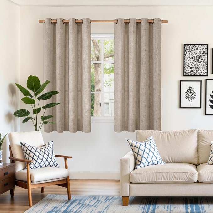 YoungsTex Dark Oatmeal Linen Curtains 54 Inch Length, Bronze Grommet Light FilteringTextured Window Drapes Privacy for Bedroom Living Room Decorative Burlap Rustic, 52 x 54 Inch, 2 Panels