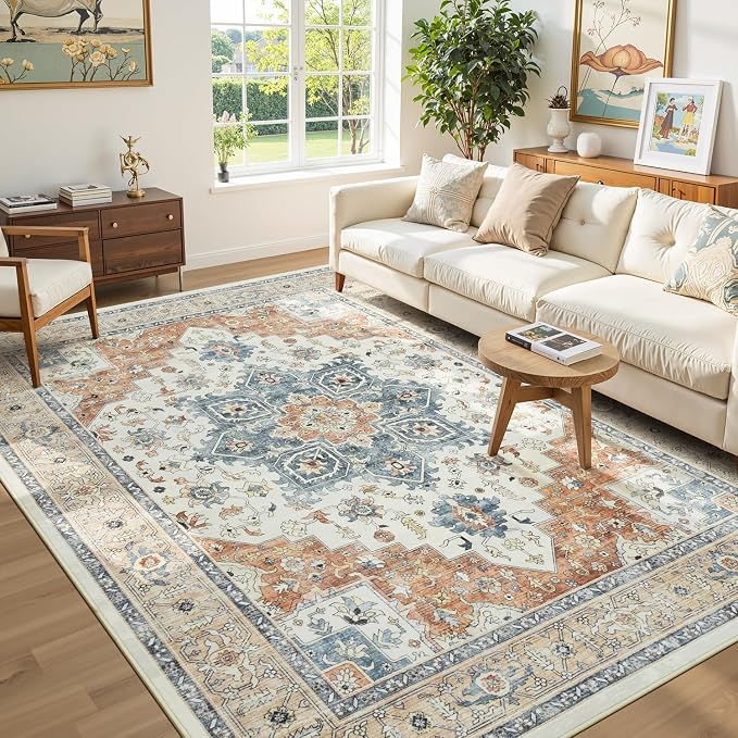 Oriental 8x10 Rug for Living Room - Washable Distressed Boho Extra Large for Bedroom, Low-Pile Non Slip Soft Faux Wool Carpet for Dining Room, Playroom, Neutral Beige and Orange Floral Rug