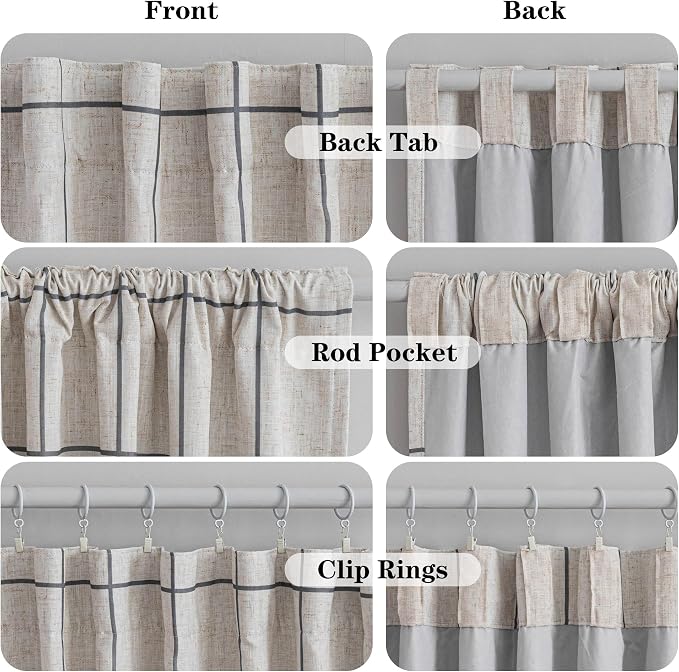 MYSKY HOME 100% Blackout Plaid Linen Farmhouse Curtains 95 Inches Long for Dining Room Double Layer Thermal Insulated Striped Print Drapes with Rod Pocket Back Tab, 2 Panels, Wide 52 Inch, Deep Grey