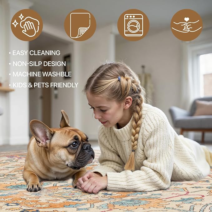 Area Rugs 8x10 Clearance Washable Boho Rug for Bedroom Living Room, Non Slip Thin Low Pile Chenille Carpet for Dining Room,Vintage Farmhouse, Turmeric