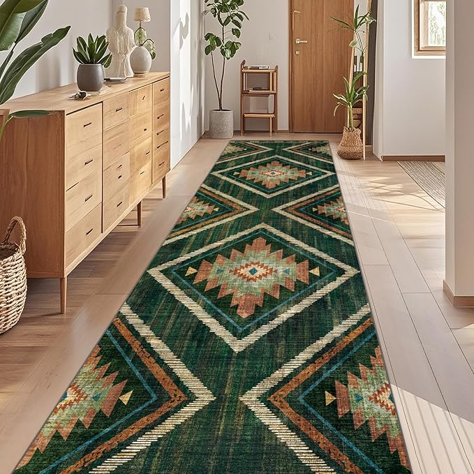 Boho Runner Rugs for Hallway 3x14Ft Non Slip, Long Wide Green Moroccan Washable Kitchen Rug Runner, Soft Geometric Entryway Floor Carpets for Entrance Doorway Home Office Decor
