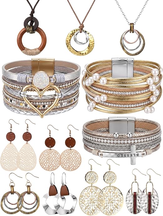 Tondiamo 12Pcs Boho Jewelry Set for Women Bohemian Western Jewelry Set with Long Pendant Necklace Dangle Earrings and Stackable Bangle Bracelets Accessories for Women Friendship Gift