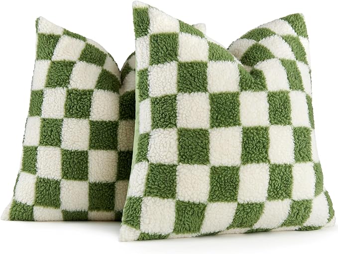 AmHoo Pack of 2 Decorative Throw Pillow Covers Checkerboard Luxury Super Soft Faux Fur Wool Set Case Cushion for Couch Sofa Bedroom 16 x 16-Inch Sage Green