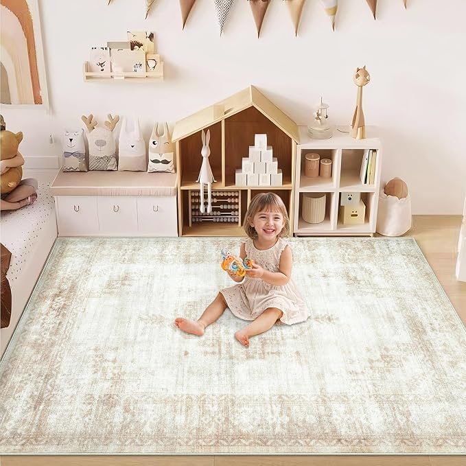 Aoyaomi Vintage Living Room Area Rug - 5x7 Large Machine Washable Boho Moroccan Distressed Farmhouse Rugs for Bedroom - Soft Non-Slip Indoor Floor Accent Rugs for Office Dining Room (Beige, 5' x 7')