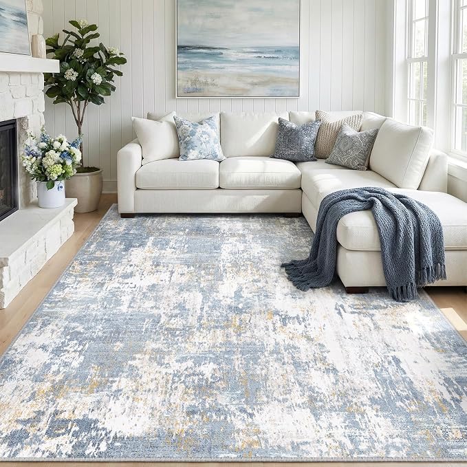 RELEANY Washable Area Rugs 9'x12' Non-Slip Modern Abstract Soft for Living Room Entryway Bedroom Kitchen, Print Pattern, Light Blue