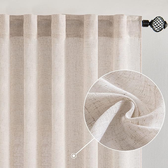 MIULEE Natural White Linen Curtains 98 Inch Length 2 Panels for Bedroom Living Room, Soft Thick Linen Textured Window Drapes Semi Sheer Light Filtering Back Tab Rod Pocket Burlap Look Decor