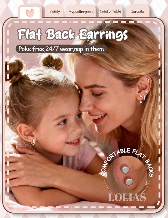LOLIAS Hypoallergenic Flat Back Earrings for Women Girls-Surgical Stainless Steel Earrings for Sensitive Ears-Cute Flatback Stud Earring Set Small Hoops Cartilage Earring Stacks