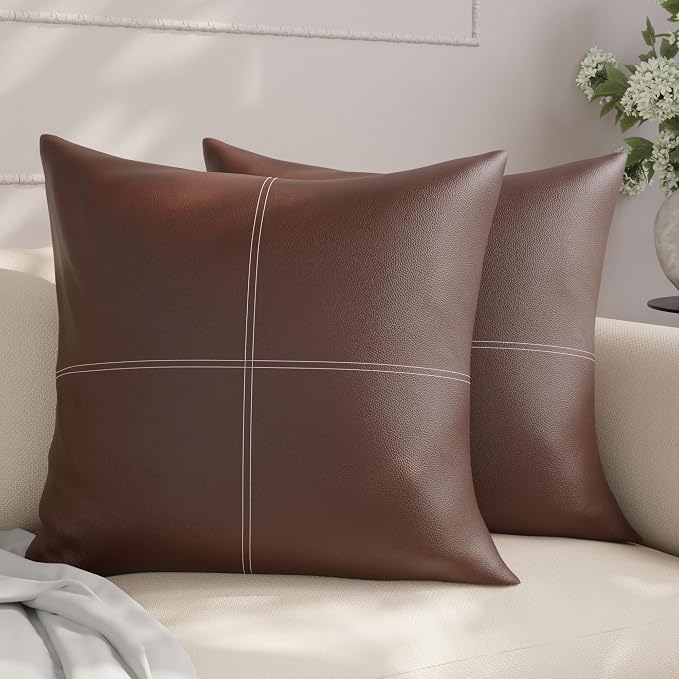 Encasa XO Faux Leather Throw Pillows Covers 18"x18" (Set of 2) | Chocolate Stitch Decorative Cushion Covers | Modern Farmhouse Pillow Cases for Outdoor, Living Room, Bedroom, Couch, Sofa