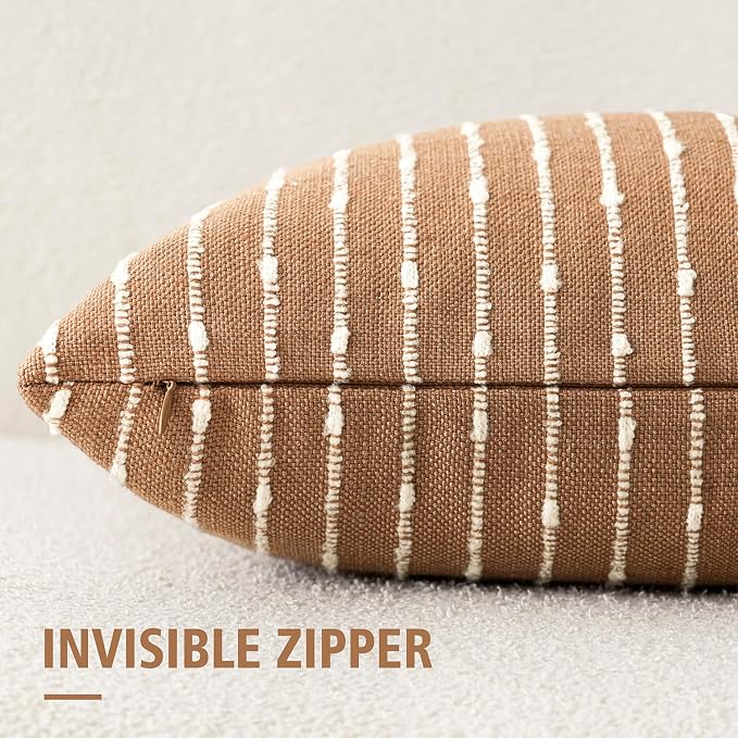 Foindtower Pack of 2 Decorative Jacquard Boucle Lumbar Throw Pillow Covers Accent Textured Striped Pillowcases Cozy Boho Cushion for Couch Sofa Bedroom Living Room Home Decor 12x20 Inch Rust Tobacco