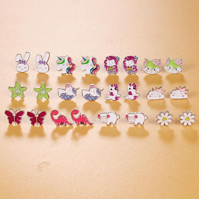 60 Pairs Cute Earrings Set - Hypoallergenic Stainless Steel Studs with Cartoon Characters, Colorful Faux Pearls & Sparkling Cubic Zirconias