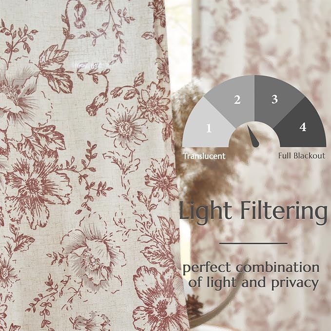 jinchan Red Floral Linen Curtains 108 Inch Farmhouse Back Tab 2 Panels | Light filtering drapes, semi sheer, farmhouse, cottagecore, rustic, living room, bedroom, rod pocket, window treatment