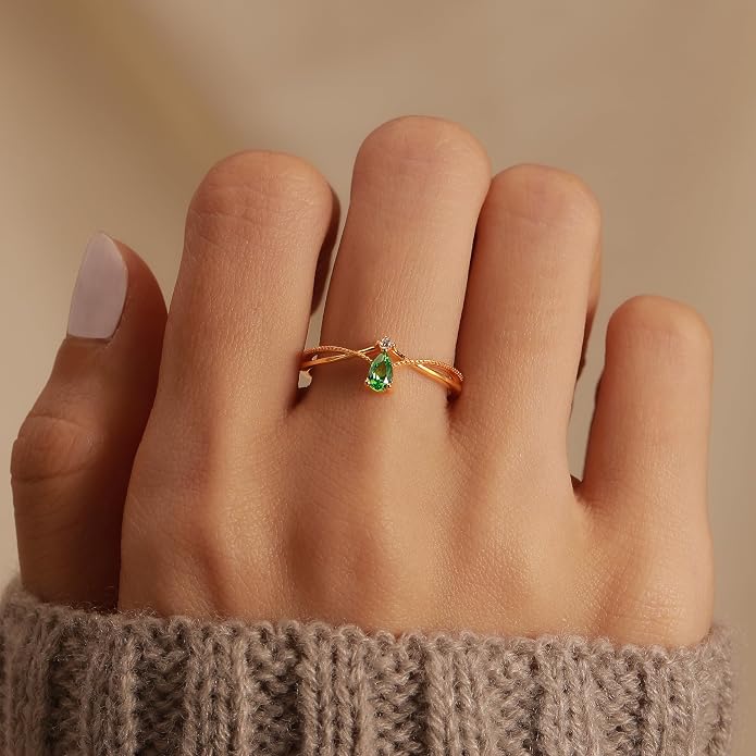 925 Sterling Silver Birthstone Ring for Women Non Tarnish Stackable Ring 14K Gold Plated Pear Teardrop Green Cubic Zirconia Crown V Engagement Promise Rings Wedding Graduation Jewelry Gifts