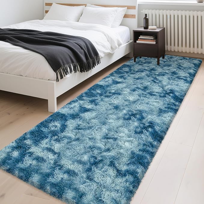 3x10ft Plush High Pile Blue Tie-Dyed Rug Fluffy Soft Runner Bedside Rug for Bedroom Living Room Hallway Nursery Kids Home Decor Shag Carpet
