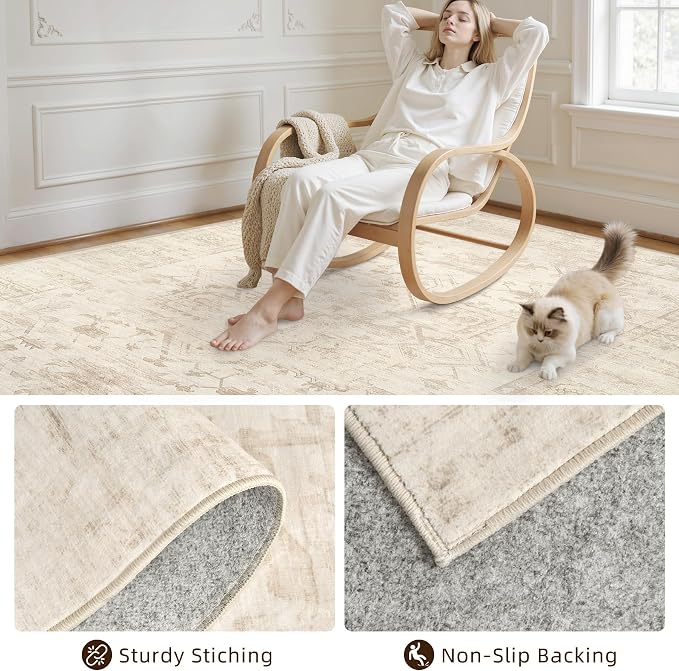 4x6 Area Rugs for Living Room: Vintage Boho Neutral Washable Rug Indoor Soft Large Area Rug Carpet for Bedroom Nursery Farmhouse Dining Room Office Floor Non-Slip Low Pile Under Table Rug Beige/Brown