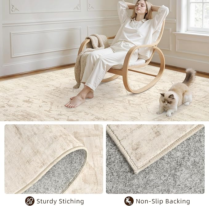 3x5 Area Rugs for Living Room: Vintage Boho Neutral Washable Rug Indoor Soft Large Area Rug Carpet for Bedroom Nursery Farmhouse Dining Room Office Floor Non-Slip Low Pile Under Table Rug Beige/Brown