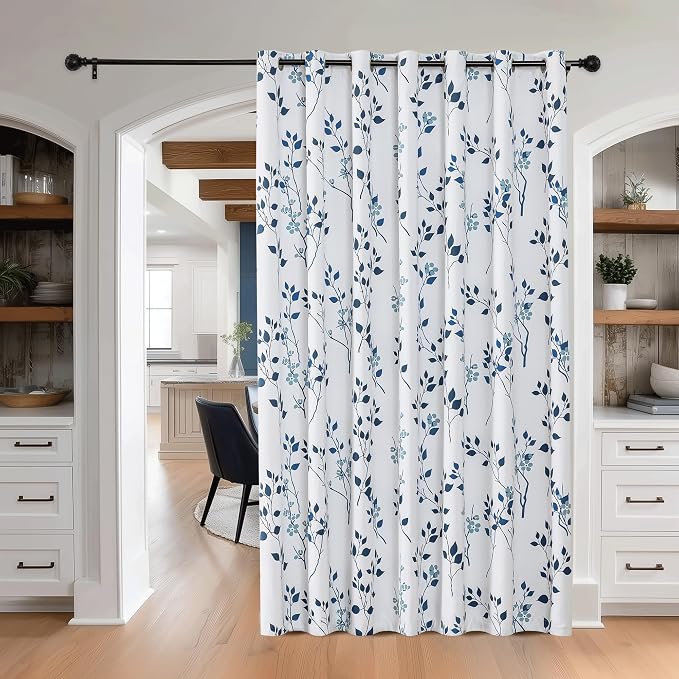 Beauoop Floral 100% Blackout Sliding Door Curtains Navy Blue 100x84 1 Set | Flower Patterned Navy White Room Darkening Patio Curtains Extra Wide Room Divider Drapes Thermal Window treatment Grommet